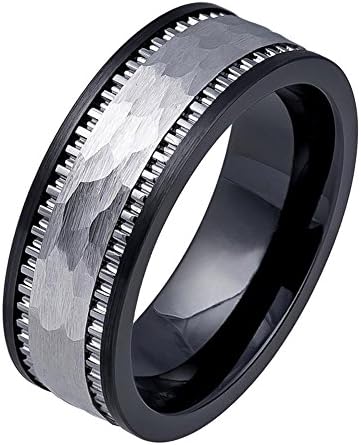 iPauly 8mm Ceramic High Polished Black Ring Base with Textured Ridged Hammered Tungsten Carbide Inlay Wedding Band Ring