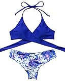 MOSHENGQI Women Front Cross Halter Push up Bikini Floral Bottom 2 Piece Cute Swimsuits (L(US 6-8),Blue)