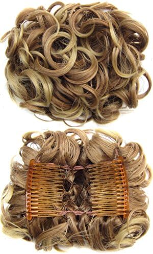 Beauty Wig World BUN Up Do Hair Piece Hair Ribbon Ponytail Extensions Comb Clip Scrunchy Scrunchie Curly or Messy #12T24 Light golden brown/Natural blonde
