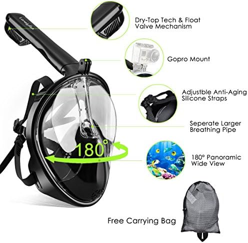 Snorkel Mask - 180° GoPro Compatible Full Face Panoramic Design, EasyBreath with Unique Breathing Chamber &amp; Longer Snorkeling Tube, Adjustable Straps with Anti-fog&amp;Anti-leak Design for Adults &amp; Kids