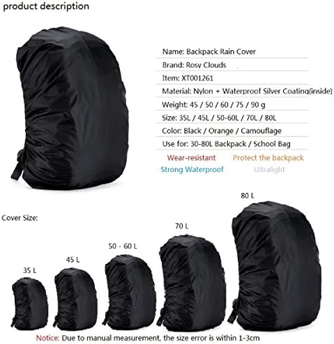 Rosy Clouds 2pcs 35L-60L Waterproof Backpack Rain Cover for Hiking Camping Traveling School and Laptop Backpack (Black, 50-60L)