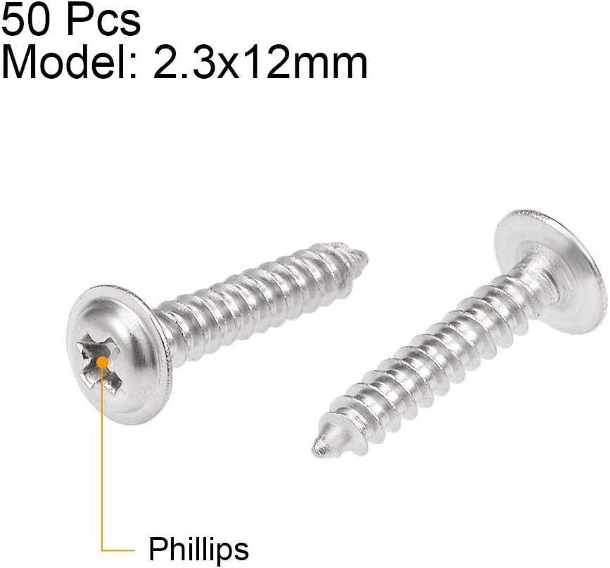 sourcing map 2.3x12mm Self Tapping Screws Phillips Pan Head with Washer Screw 304 Stainless Steel Fasteners Bolts 50Pcs - Image 3