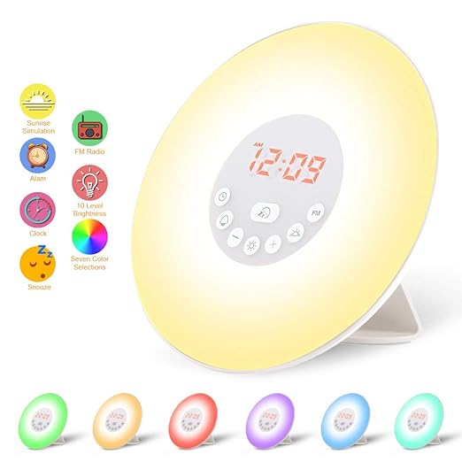 Wecker Wake Up Light Lichtwecker, mit 7 Wecktöne (inkl. 2Naturklänge und FM), 7Farben, 10Dimmstufen, Sonnenaufgangssimulator,