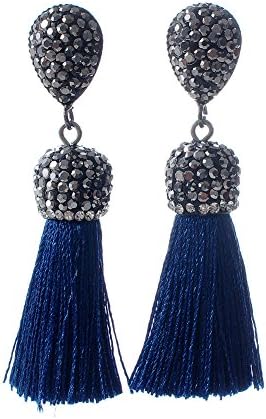 Women's Dangle Drop Short Tassel Earrings with Shell Pearl Black Rhinestone Top (Roal Blue with WB)