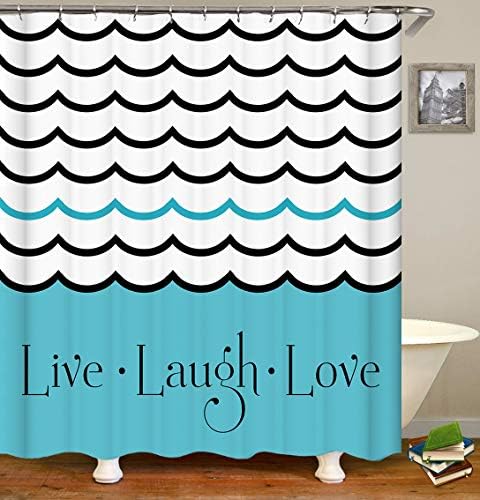 OCCIAGNT Live Laugh Love Shower Curtain Nautical Theme Wave Sea Water Hand Drawn Curved Line with Calligraphic Letters Waterproof Polyester Fabric Bathroom Decor Set with Hooks