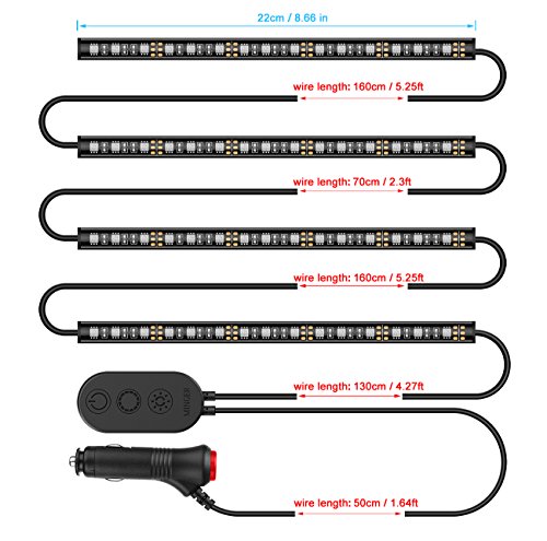 MINGER One-Line Car Interior Lights, 4pcs 48 LED RGB Multicolor Music Car LED Strip Light, Waterproof Underdash Lighting Kits with Sound Active Function and Simple Control, 12V Car Charger Included