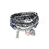 RareLove Bohemian Black Grey Beaded Bracelet Stretch Wrap Bangle With Charms Seashell Dangle Layered