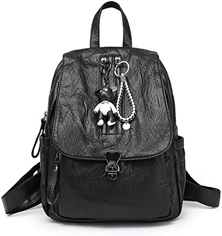 Medium Size Black Women Backpack Anti-wear PU Leather Girls Backpack with Keychain Pendant for School