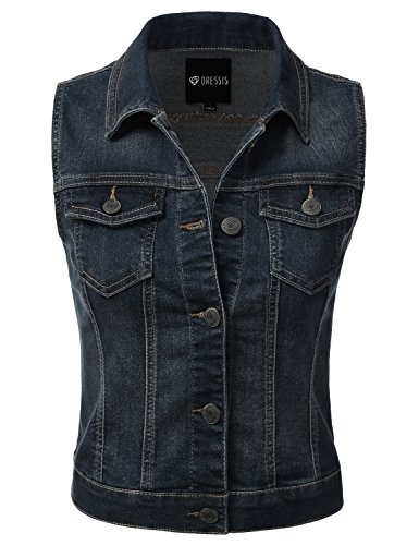 DRESSIS Womens Casual Sleeveless Denim Jean Cropped Vest Jacket DARKBLUE L