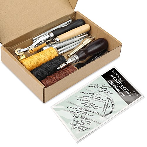 YISUN Leather Sewing Tools 48 Pieces Leather Tools Craft DIY Hand Stitching Kit with Groover Awl Waxed Thimble Thread for Sewing Leather, Canvas or Other Leathercraft Projects