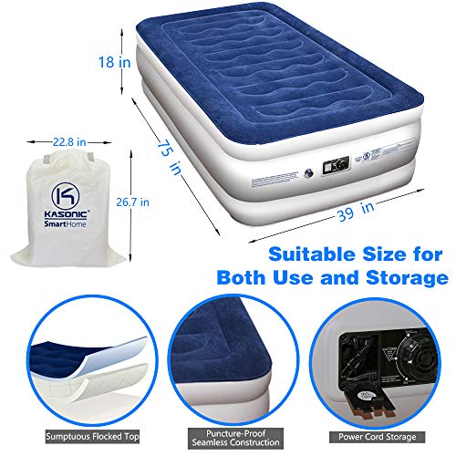 Kasonic Air Mattress Twin Size, Inflatable Airbed with Free Fitted Sheet & Carry Bag; Height 18''; Built-in ETL Listed Electric Pump Raised Air Bed; Easy Setup for Home Use/Office Relax/Camping