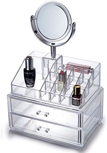 Gr8 Home Clear Acrylic 2 Drawers Cosmetic Makeup Display Stand Storage Rack Vanity Table Box Case Jewellery Art Crafts Organiser With Mirror BS4001