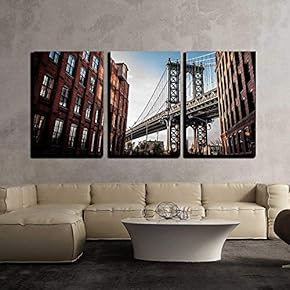 3 Piece Canvas Wall Art - Manhattan Bridge Seen from a Narrow Alley Enclosed by Two Brick Buildings - Modern Home Art Stretched and Framed Ready to Hang - 16"x24"x3 Panels