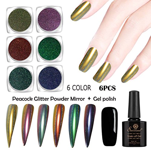 Amazon Com 6pcs Peacock Holographic Nail Powder Black Gel Polish
