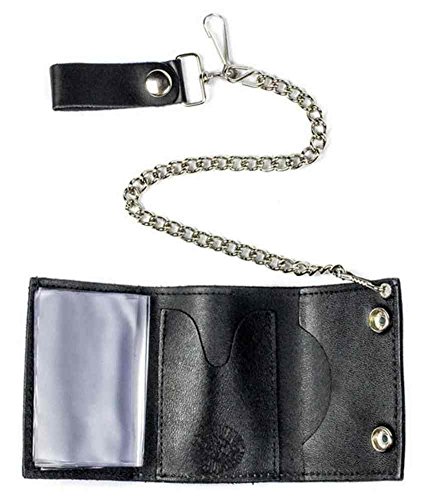 Genuine Leather Men's Skull & Crossbones Tri-Fold Chain Wallet, Black TC304-6