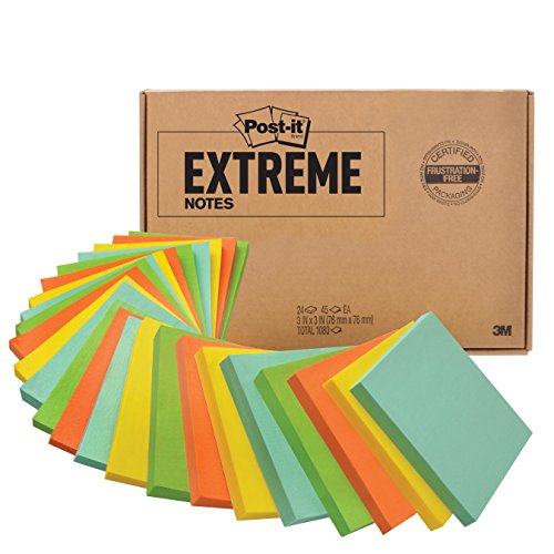 Post-it Extreme Notes, Green, Orange, Mint, Yellow, Great for Hard to Stick Surfaces, Features Dura-Hold Paper and Adhesive, 3 in x 3 in, 12 Pads/Pack, 45 Sheets/Pad (EXTRM33-24AZFF)