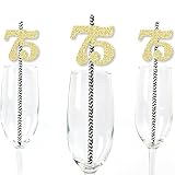 Gold Glitter 75 Party Straws - No-Mess Real Gold Glitter Cut-Out Numbers & Decorative 75th Birthday Party Paper Straws - Set of 24