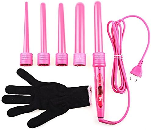 5 Part Interchangeable Hair Curling Iron Machine Ceramic Hair Curler Multi-Size Roller Heat Resistant Glove Styling Set PINK PLUG
