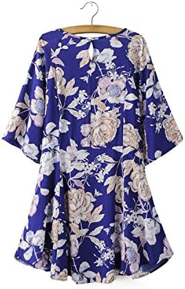 FCLM Women's Retro 3/4 Sleeves V-Neck Flower Printed Casaul Loose Party Dress XL