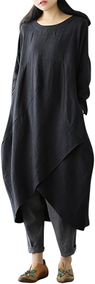 Women Patchwork 1/2 Sleeve Cotton Linen Loose Pockets Dress Ladies Casual Solid Tunic Dress