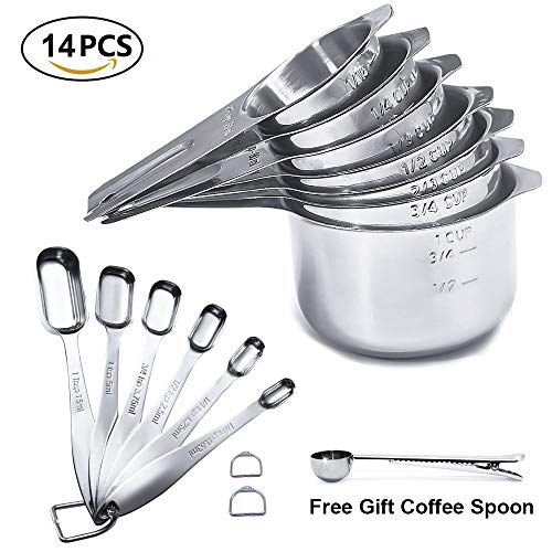 14 Piece Measuring Cups and Spoons Set and Coffee Measuring Spoon with Bag Clip, Neyes Stainless Steel 7 Measuring Cups and 6 Measuring Spoons for Dry and Liquid Ingredients Baking Cooking (14)