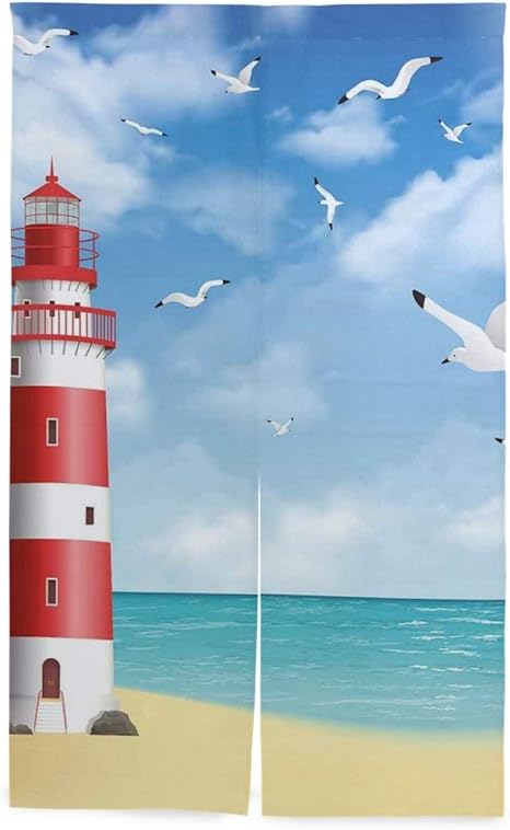Amazon Patinisa 間仕切りカーテン リアルなイラスト灯台穏やかな海岸飛んでいるカモメの海の風景 おしゃれ 間仕切り遮光 飾り付け 装飾 玄関 キッチン リビング 店 出入り口 突っ張り棒付き 86 143cm カーテン ブラインド オンライン通販