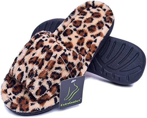 ExtraComfort Womens Plush Open Toe Slippers Memory Foam Flip Flop Slide House Slippers (XL(10-11), Leopard)