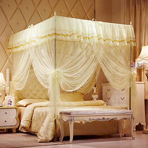Uozzi Bedding 4 Corners Post Beige Canopy Bed Curtain for Girls & Adults - Cute Cozy Drape Square Netting for Twin Bed - 4 Opening 47" W x 78" L Mosquito Net - Princess Bedroom Decoration