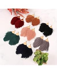 RIAH FASHION - Pendientes de borla de hilo sedoso bohemio, diseño de plumas ligeras, con forma de pluma, abanico de diamante, plumero triangular