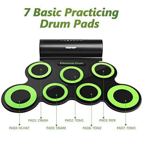 Electronic Drum Set, Longruner Foldable Roll Up Drum Kit with 7 Drum Practise Pads, 2 Foot Drum Pedals, 2 Drum Sticks, Headphone Jack, Best Birthday Christmas Gift for Kids Children Starters - Thumbnail 2