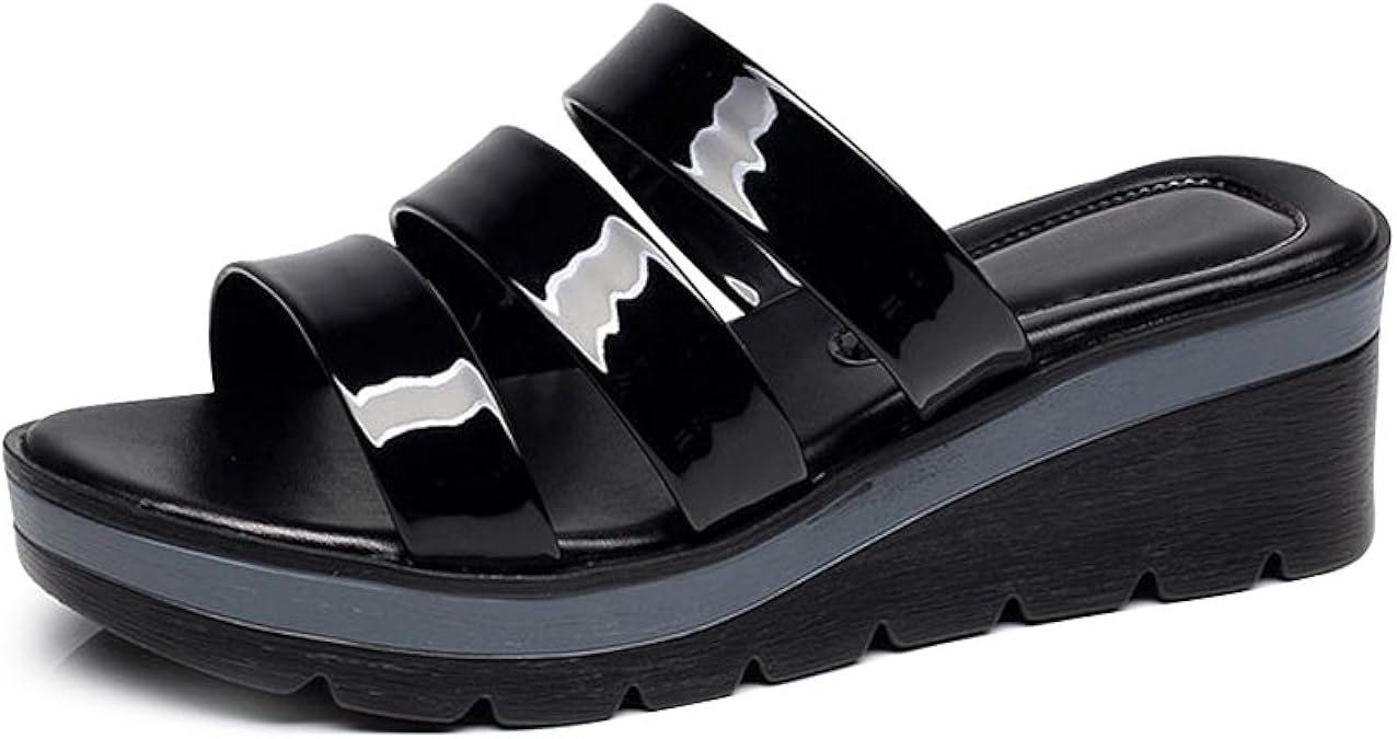 Phorecys Women's Platform Wedge Slide Sandal Patent Leather Strap