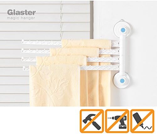 [No Drill, No hole] Heavy Duty Folding Swing Arm- Glaster Wall Mounted [4 Arms] Magic Hanger Four Foldable Arms Towel/Clothes Hanger for Bathroom Kitchen Garage Wall Mount