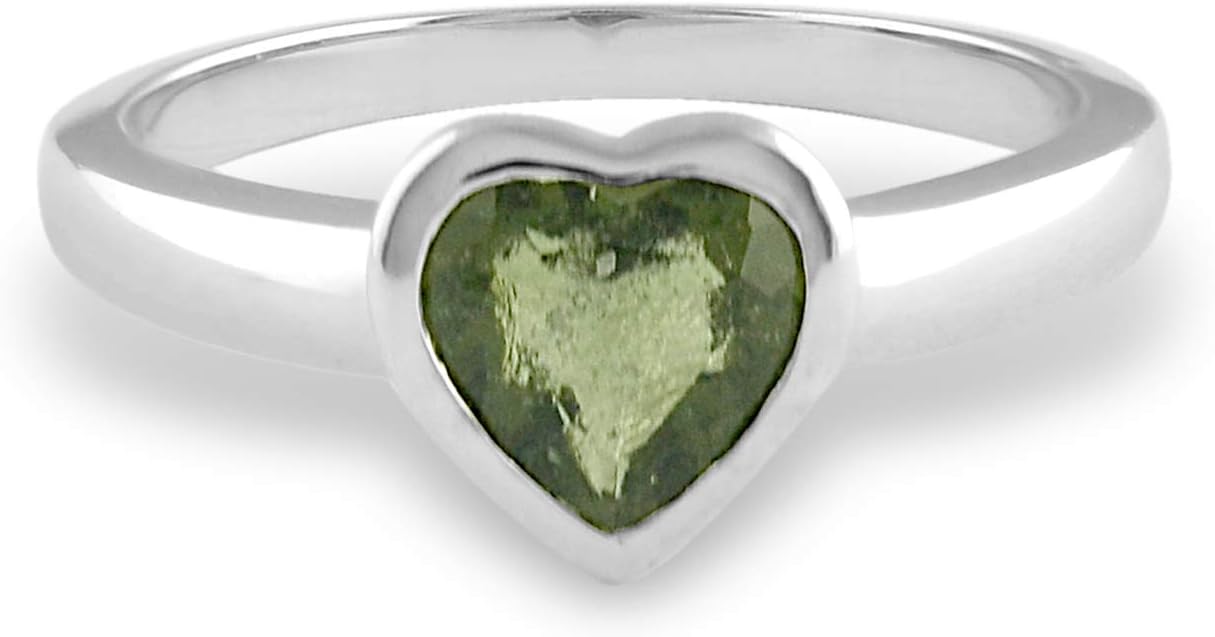 Faceted Heart Shaped Moldavite Sterling Silver Ring, Size 6