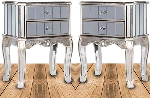 Pair of Mirrored Bedside Tables by Casa Maria | 2 Drawers Glass Storage Cabinets Bedroom Mirror Furniture Set of 2 - French Style Antique Silver Finish - Handmade Ready Assembled Free 5 Year Warranty