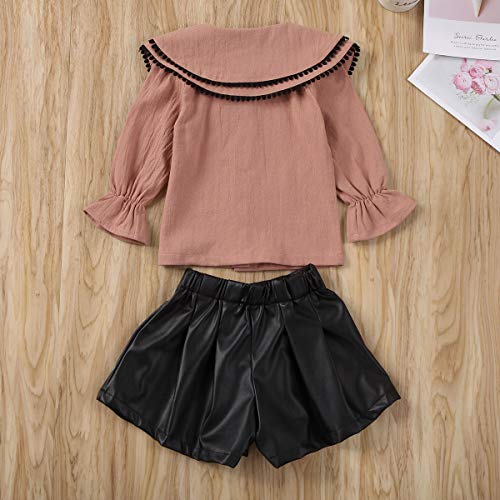 1-6Y Toddler Kids Baby Girl Clothes Ruffle Long Sleeve Button Down Shirts Top +Leather Shorts Skirt Fall Outfits Set (Pink, 12-24 Months)