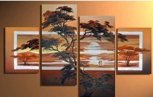 100% Hand-painted Best-selling Quality Goods Wood Framed on the Back African Forest Tree Labour High Q. Wall Decor Landscape Oil Painting on Canvas 4pcs/set Mixorde
