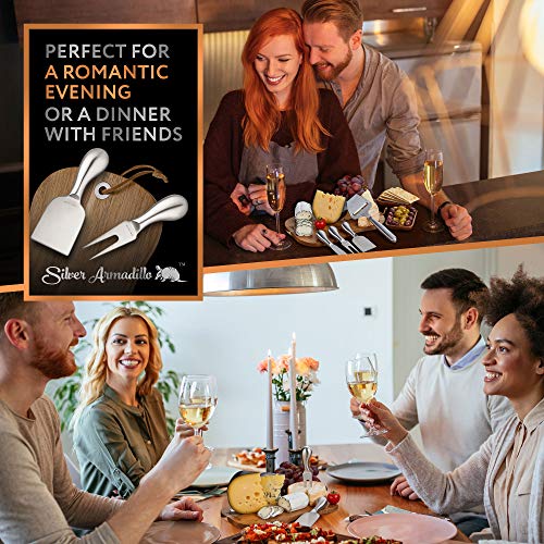 Cheese Board Serving Set, Wooden Charcuterie Platter and Serving Meat Board - 100% Acacia Hardwood Platter with Stainless Steel Cutlery - 3 Cheese Knives, Cheese Fork, Cheese Slicer. Bonus Corkscrew. - Thumbnail 6
