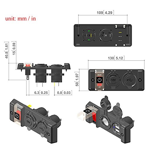Dual USB Charger Socket Panel,elecfan Waterproof 12V 3.1A Cigarette Lighter Adapter with Switch for Car Boat Marine Vehicle Motorcycle ATV for iPhone XS Max/XR/7/8 Samsung Galaxy Note 9 - Black