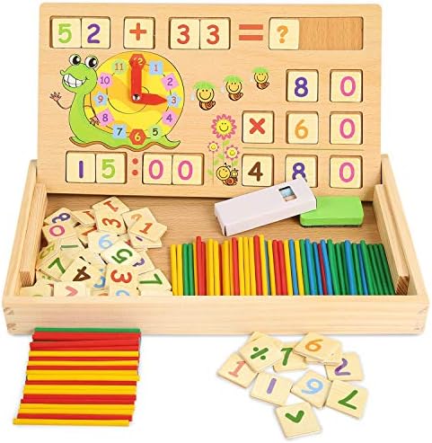 SuperLi Montessori Toys for Toddlers, Preschool Teaching Tool Math Number Counting Sticks with Blackboard and Clock
