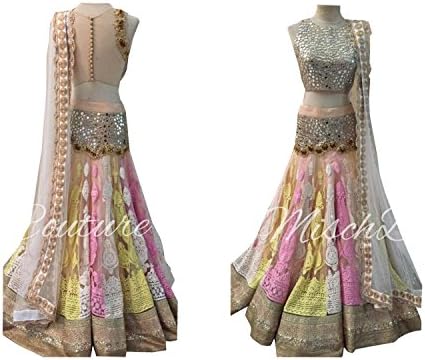 Snreks Collection Beige and Pink Self Designed Hevay Mirror Work Lehenga Choli (Pink and Beige)