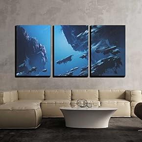 3 Piece Canvas Wall Art - Illustration - Fantasy Island Floating in The Sky,Illustration Painting - Modern Home Art Stretched and Framed Ready to Hang - 16"x24"x3 Panels