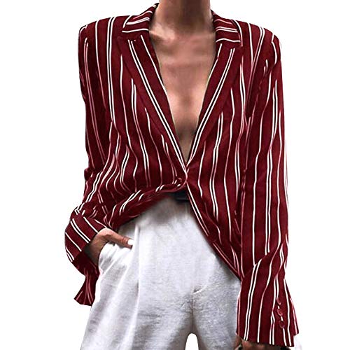 Inverlee Women Fashion Striped Long Sleeve Coat Lapel V-Neck Casual Jackets Tops