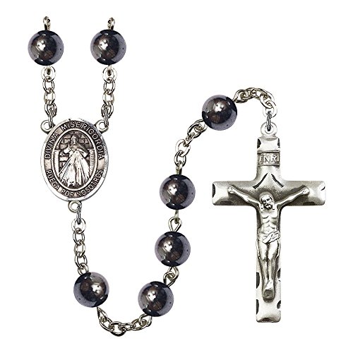 Divina Misericordia Silver-Plated Rosary 8mm Hematite Beads Crucifix Size 1 3/4 x 1 medal charm