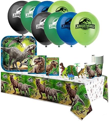 Jurassic World Complete Party Pack for 8 includes Dinner Plates, Napkins, Cups, Balloons, Invitation, Tablecover with Bonus Cake Deco