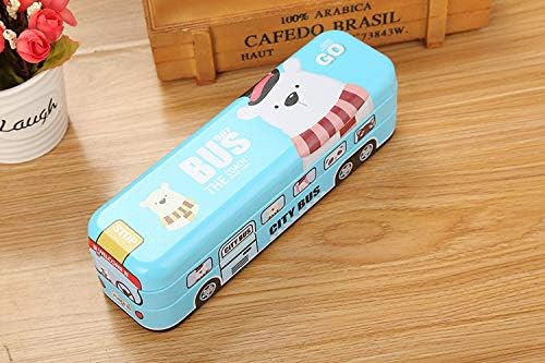 Infinity Marks Cute Printed School Bus Shape Metal Pencil Box for Kids with Pull Back and Wheels (Sky Blue)