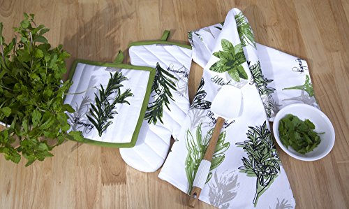 Set of Apron, Oven Mitt, Pot Holder, Pair of Kitchen Towels in a Unique Herb Garden Design, Made of 100% Cotton, Eco-Friendly & Safe, Value Pack and Ideal Gift Set, Kitchen Linen Set By CASA DECORS
