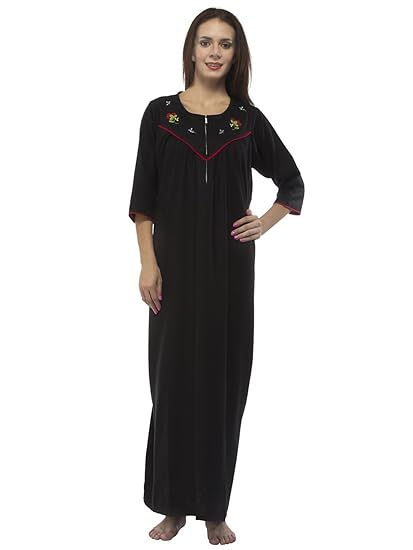 Women's Terry Cotton Round Neck 3/4 Sleeve Loose Fit Maternity Nighty (SPN-BK, Black, Free Size)