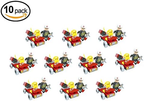 Brickland Party Favors 10 Mini Building Block Fire Vehicle With Figure, Bulk Pack Stocking Stuffers, Birthday Gift For Kids Birthday Parties