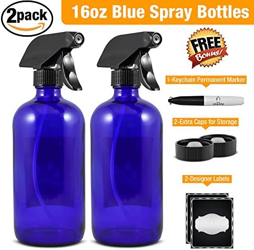 Empty Blue Glass Spray Bottle-Large 16 oz Refillable Container for Essential Oils, Cleaning Products, or Aromatherapy-Black Trigger Sprayer w/ Mist and Stream Settings-2 PackBonus Free Extras