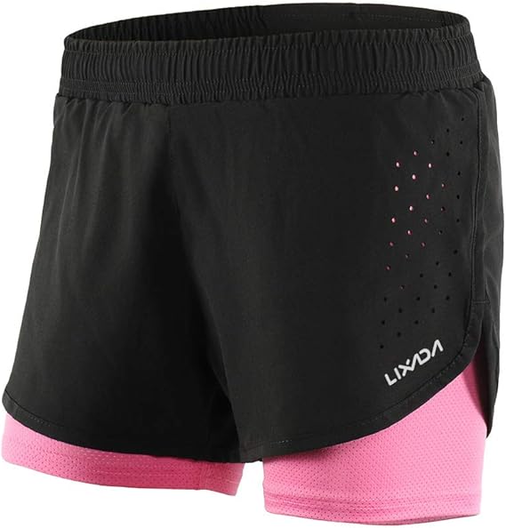 Lixada Women Running Shorts 2-in-1 Double Layer Elastic Waistband Sport Shorts No-Chafing Quick 